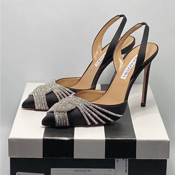 Aquazzura Gatsby Crystal-Embellished Satin Pumps size 37 - Picture 12 of 14